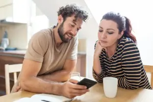 couple taking distance conversation