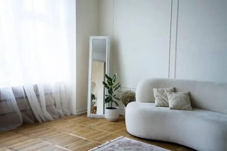 cozy modern living room with plants and mirrors