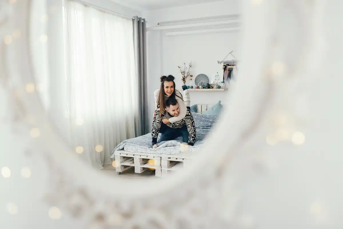 bright living room natural light mirror